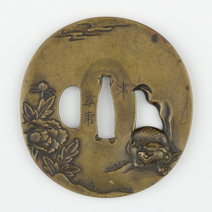 Sword Guard (<i>Tsuba</i>) With <i>Shishi</i> Lion and Peonies Motif (獅子牡丹図鐔)