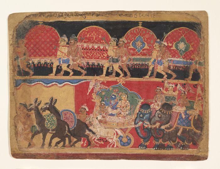 Krishna and the Kshatriya Maidens Proceed to Dvaraka: page from a Bhagavata Purana series