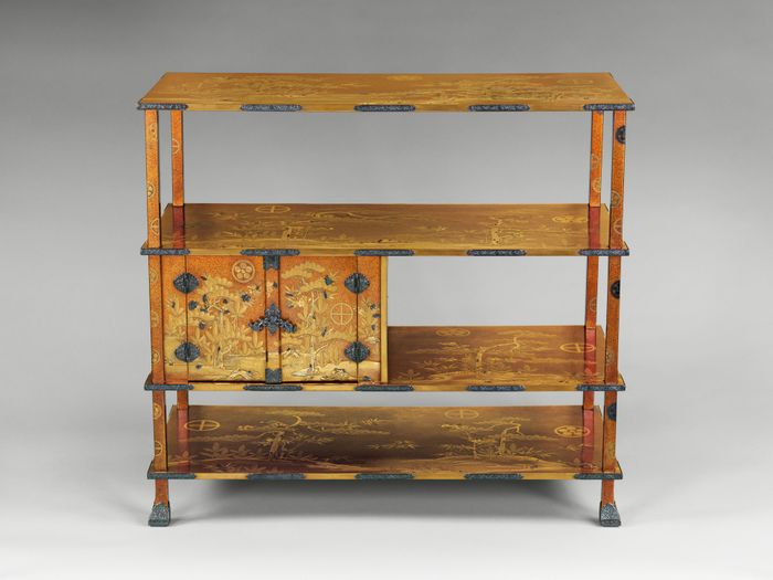 Shelf for Cosmetic Boxes (Kuro-dana) with Pine, Bamboo, Cherry Blossoms, and Crests of the Matsudaira and Shimazu Families