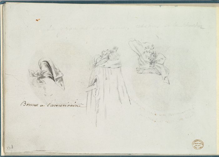 Three Costume Sketches of a Bonnet, a Cloak, and a Hat