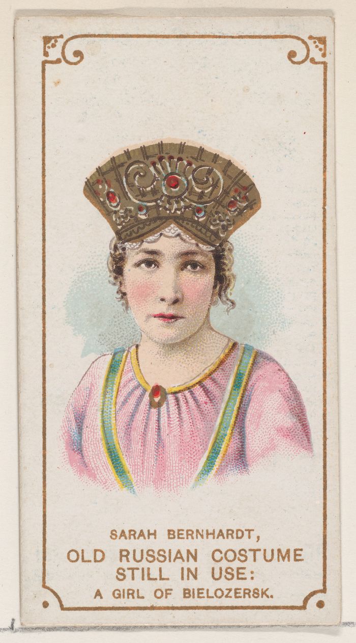 Sarah Bernhardt in an Old Russian Costume as a Girl of Bielozersk, from the set Actors and Actresses, First Series (N70) for Duke brand cigarettes
