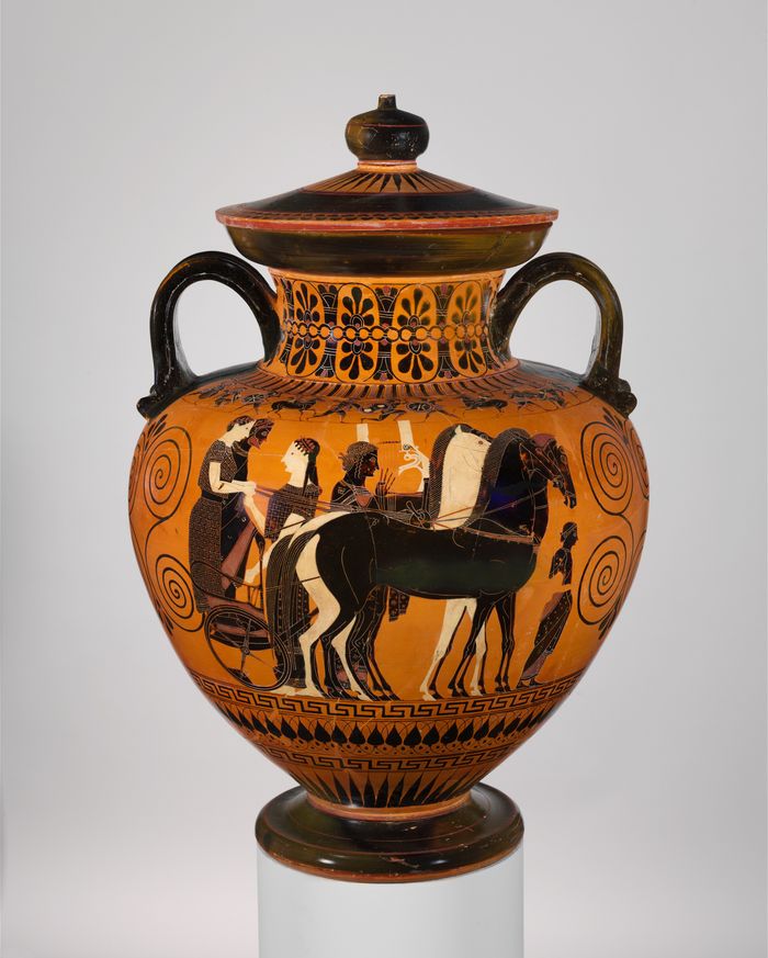 Terracotta neck-amphora (jar) with lid and knob (27.16)
